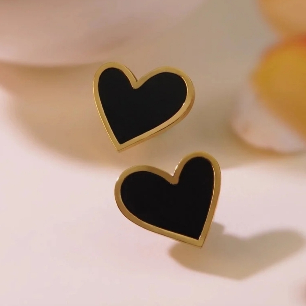 Gold Plated Black Heart Stud Earrings